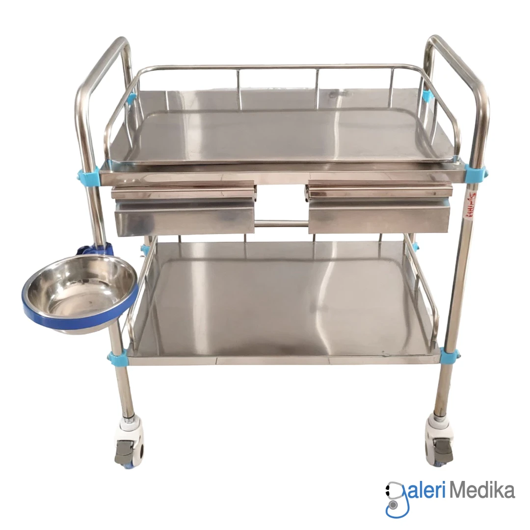 SPIRIT Meja Instrument 2 Rak + Baskom + Laci Stainless Steel Troli Medis SP-ST761